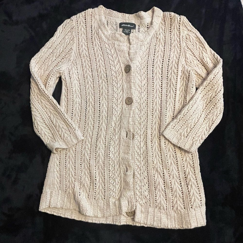 Eddie Bauer beige cardigan sweater 55% linen, size small